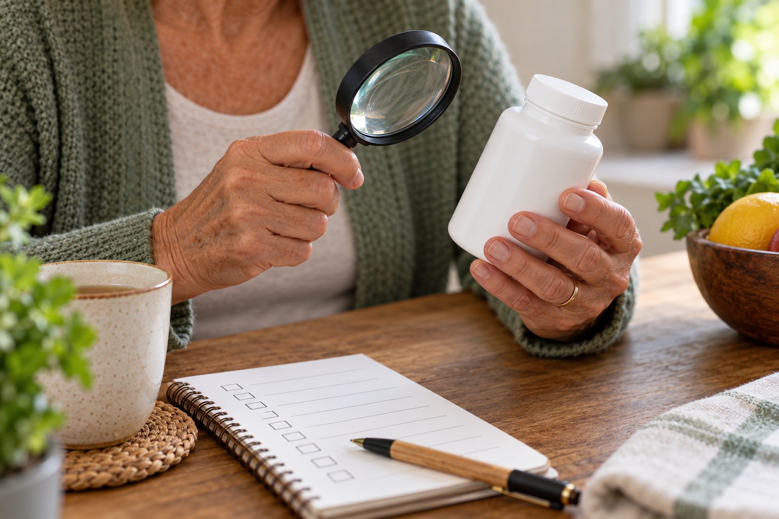 An older adult examining a plain supplement bottle beside a checklist