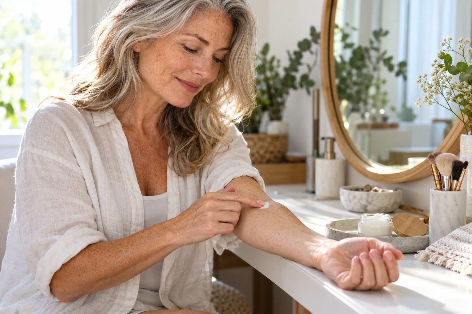 An adult trying a small amount of cosmetic cream on the inner forearm