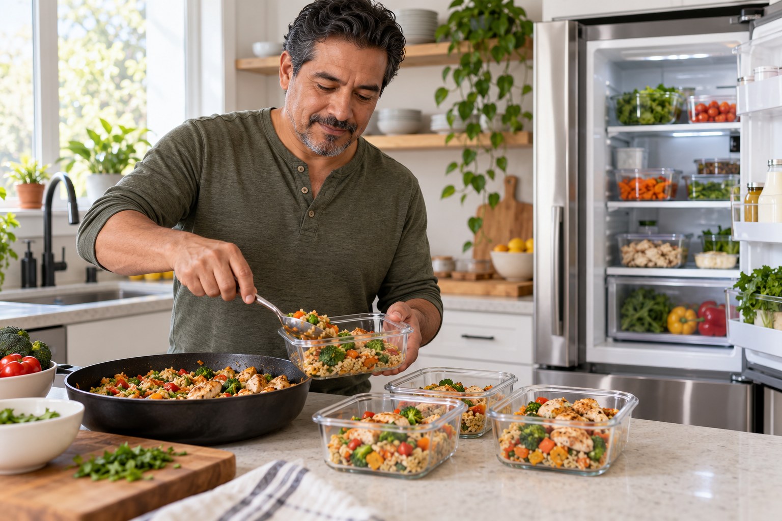 An adult portioning cooked food into small containers in a home kitchen