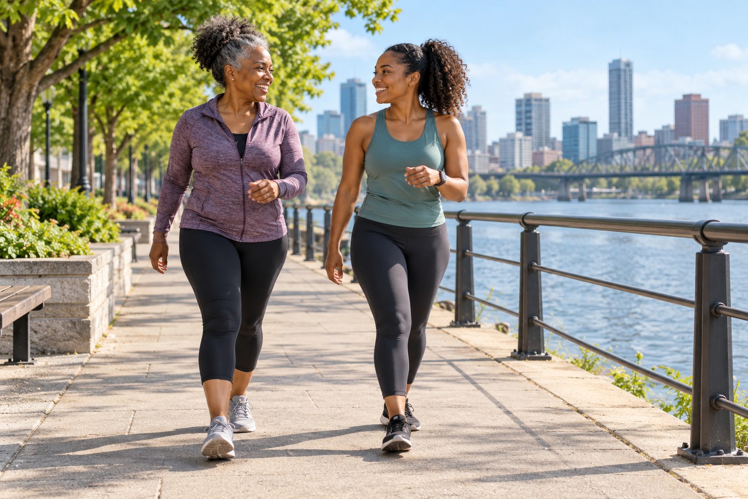 Two adults walking and talking beside an urban river