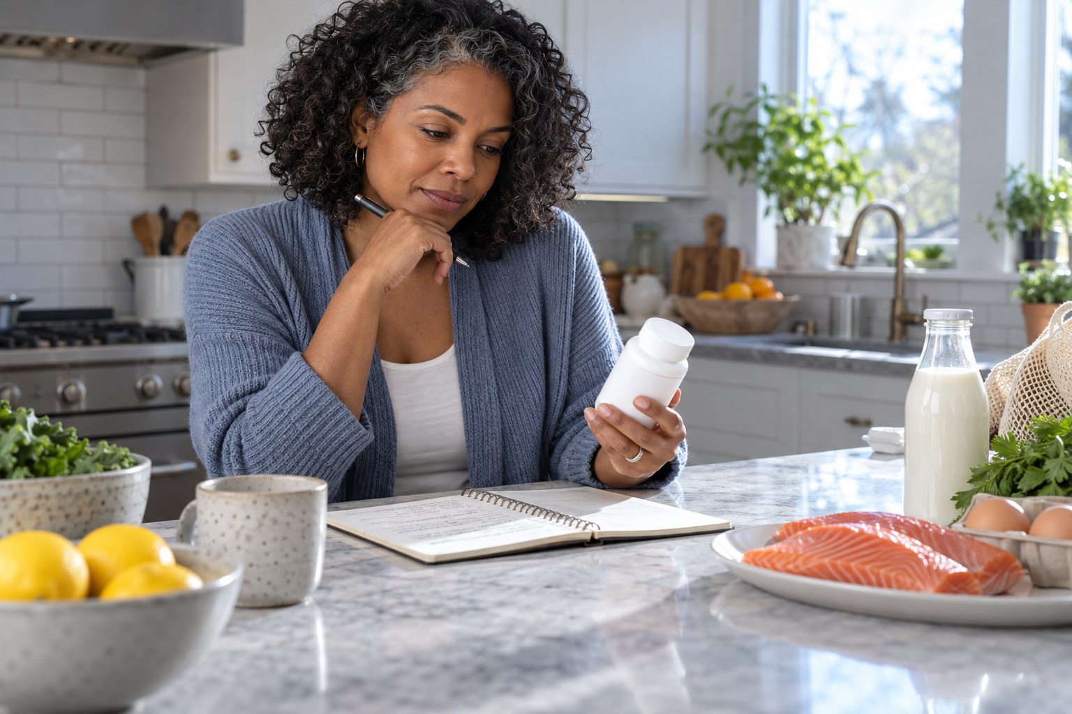 An adult reviewing a supplement beside everyday food ingredients