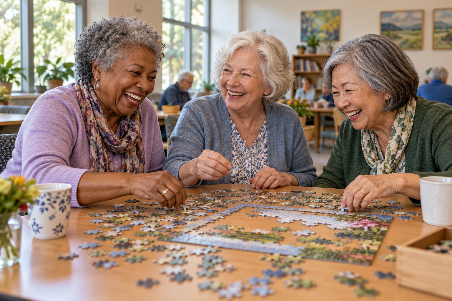 Older friends enjoying a jigsaw puzzle together at a community center