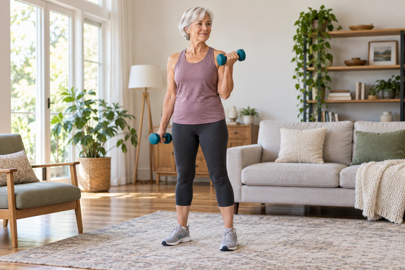 An older woman exercising with light dumbbells at home