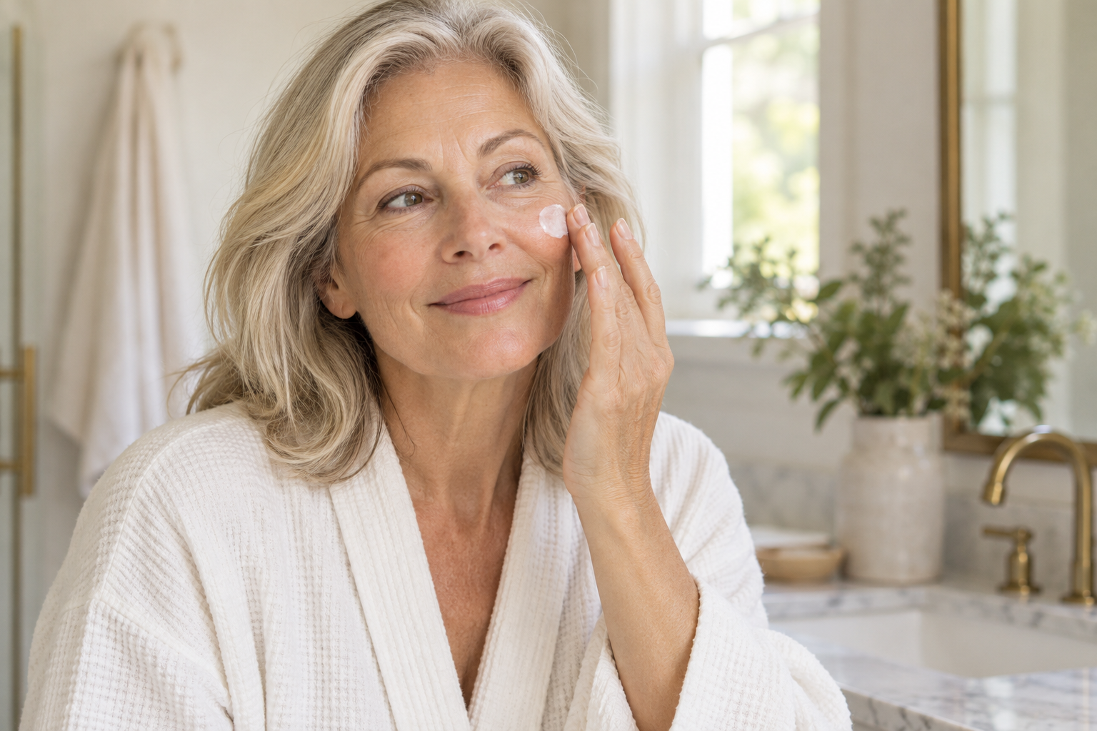 A woman gently applying moisturizer to her cheek