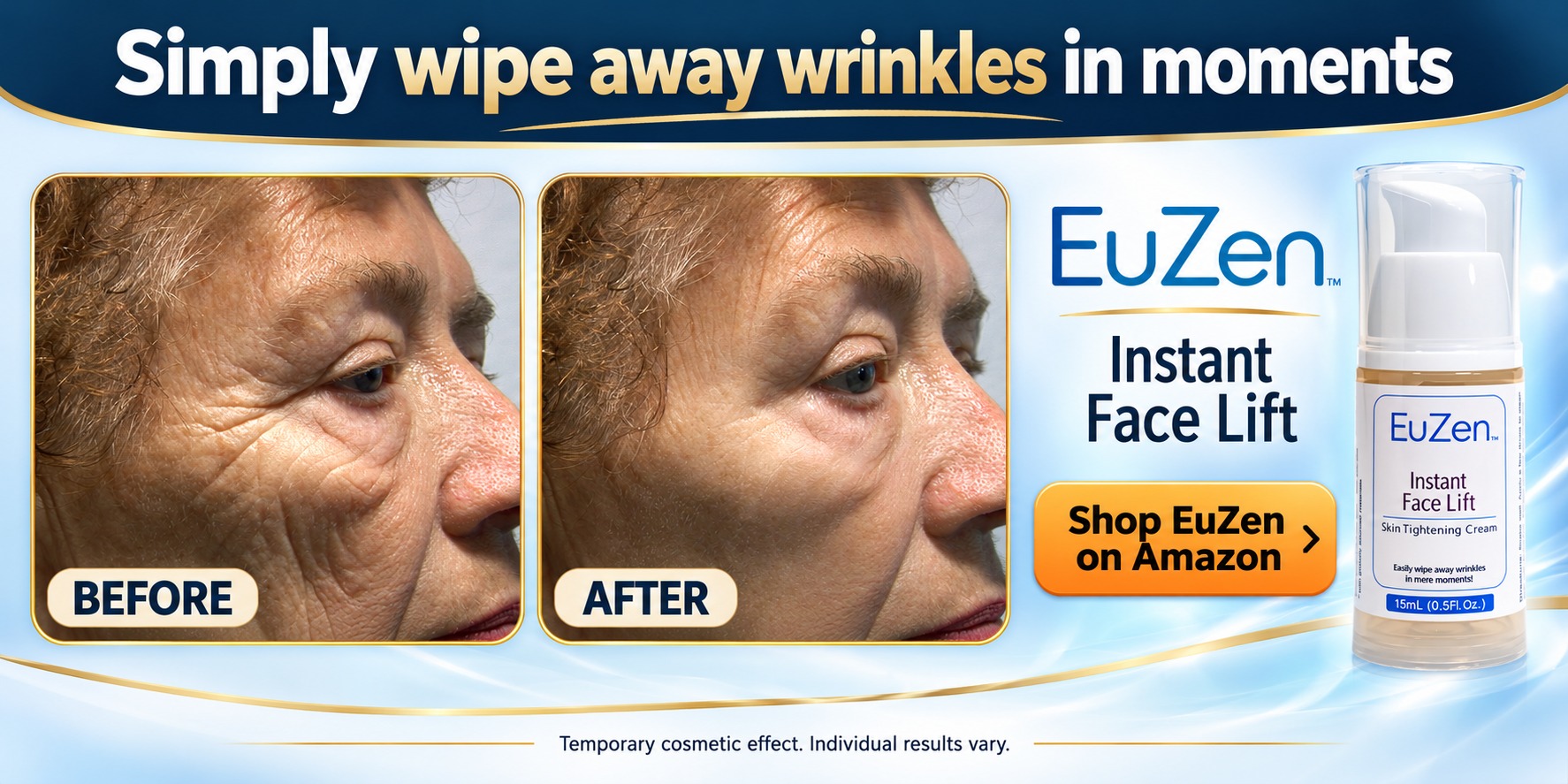 EuZen Instant Face Lift before-and-after promotion, woman 73, fresh blue design