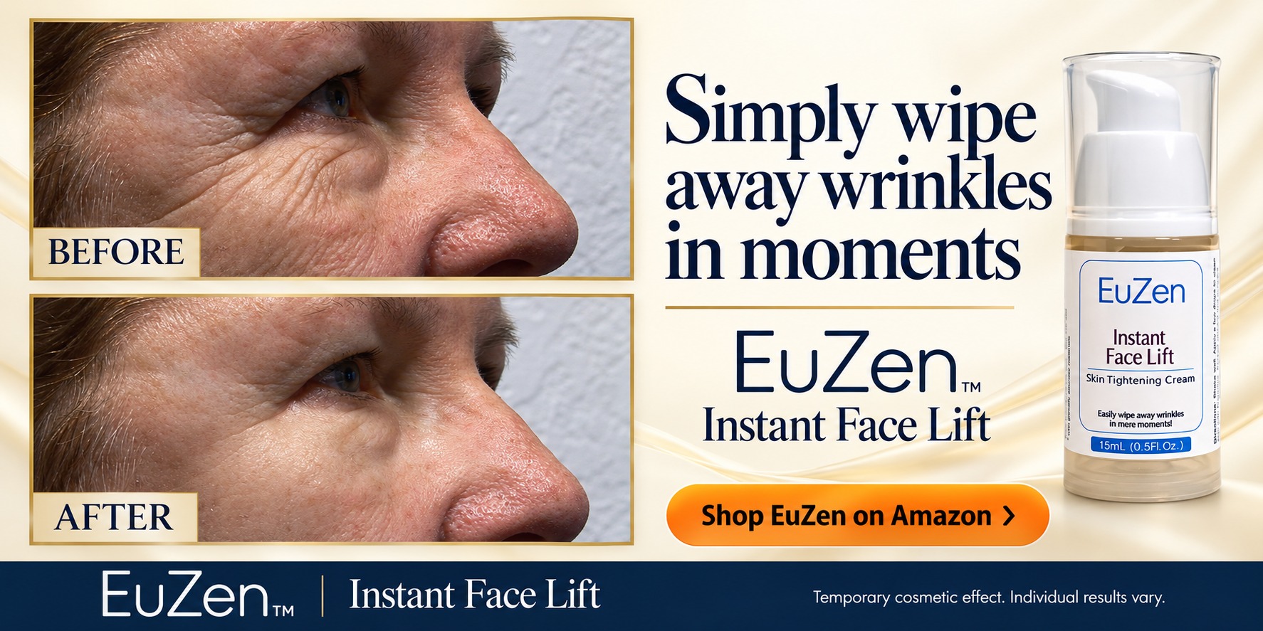 EuZen Instant Face Lift before-and-after promotion, woman 62, ivory and gold design